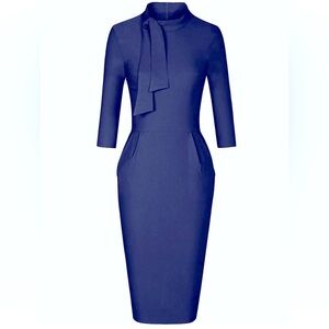 Elegant Royal Blue Midi Sheath Dress with Neck Tie